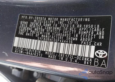 2016 Toyota Corolla Le from USA, damaged, VIN 5YFBURHE0GP444416